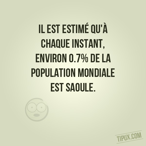 Il est estimé qu'à chaque instant, environ 0.7% de la population mondiale est saoule.